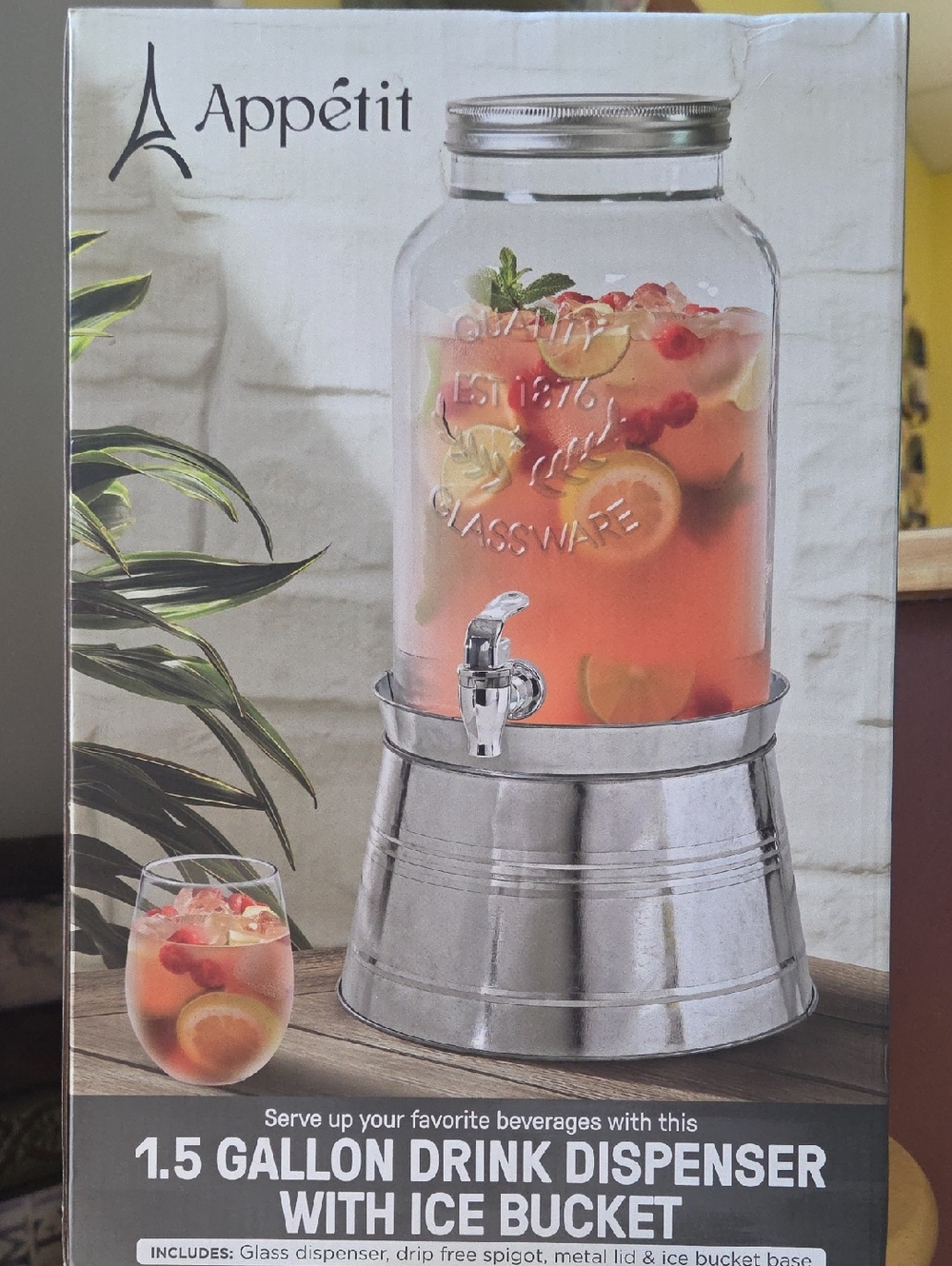 Clear Glass 1.5-Gallon Drink Dispenser with Silver Ice Bucket